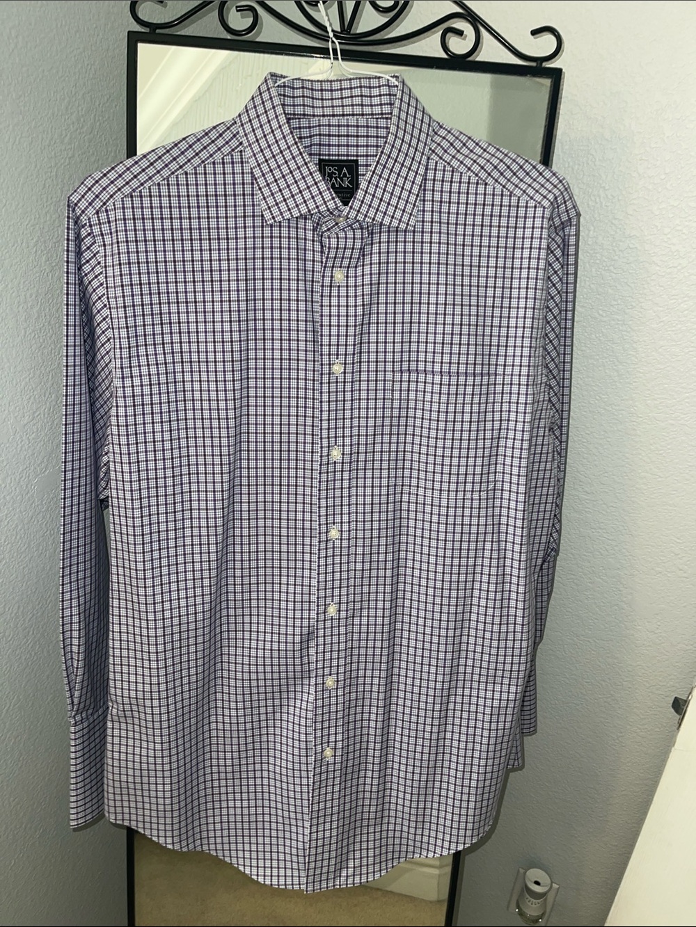 Jos. A. Bank Executive Men's Purple and White Grid Dress Shirt with French Cuffs